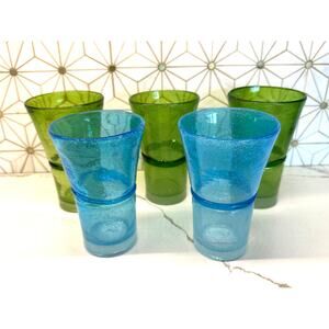 Handblown Mexican Glasses – Aqua & Green Recycled Bubble Tumblers, Set of 5